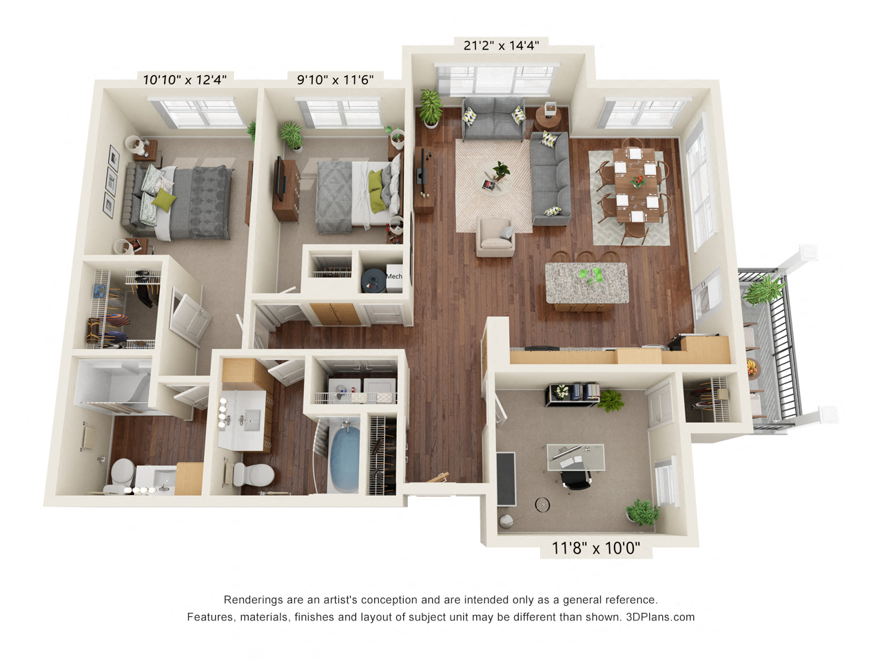 Floor plan for 3 beds, 2 baths, 1235 sqft